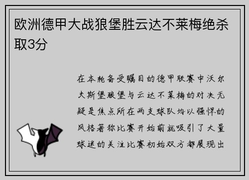 欧洲德甲大战狼堡胜云达不莱梅绝杀取3分